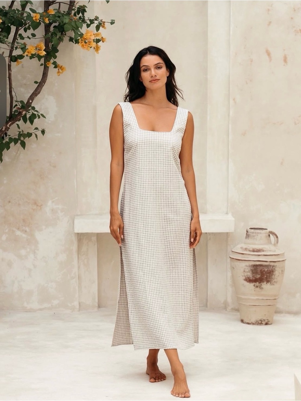 Beige Gingham Square-Neck Midi Dress